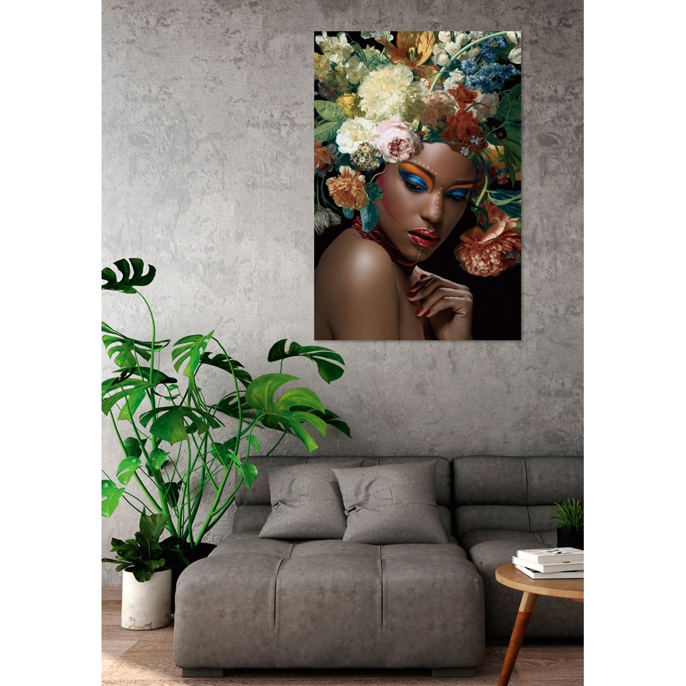 mobiel deelnemer geluk Glas schilderij 'Beauty with flowers'- 80 x 120 cm - Fotografie op glas